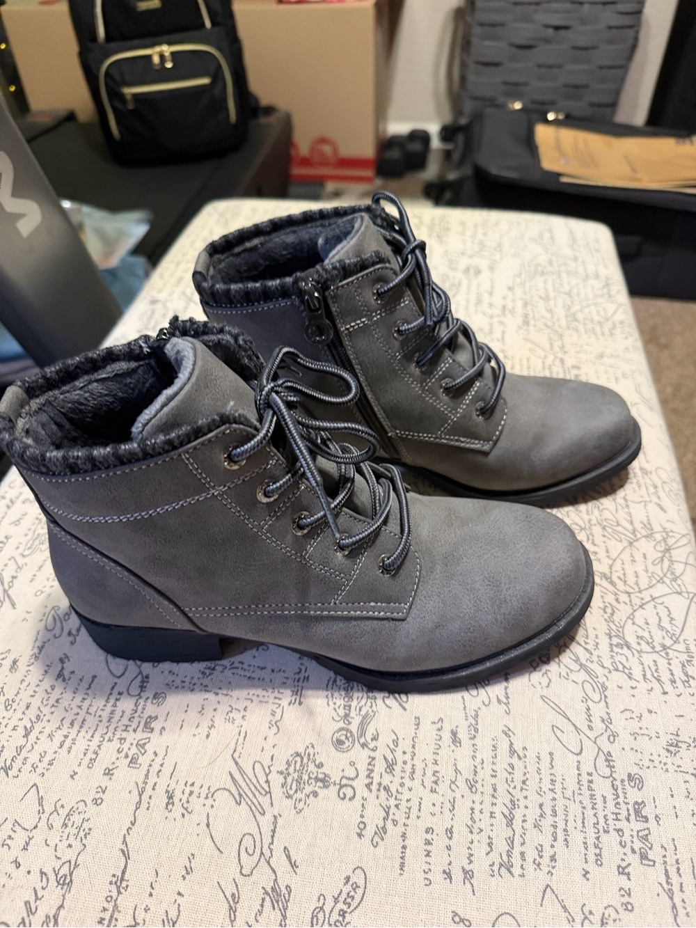 Sporto Gray Lace-Up Faux-Fur Ankle Boots